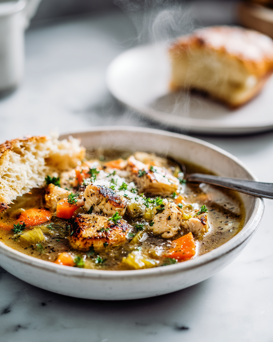Bol de soupe italienne pénicilline réconfortante, garnie de persil et de parmesan, idéale pour l'automne.