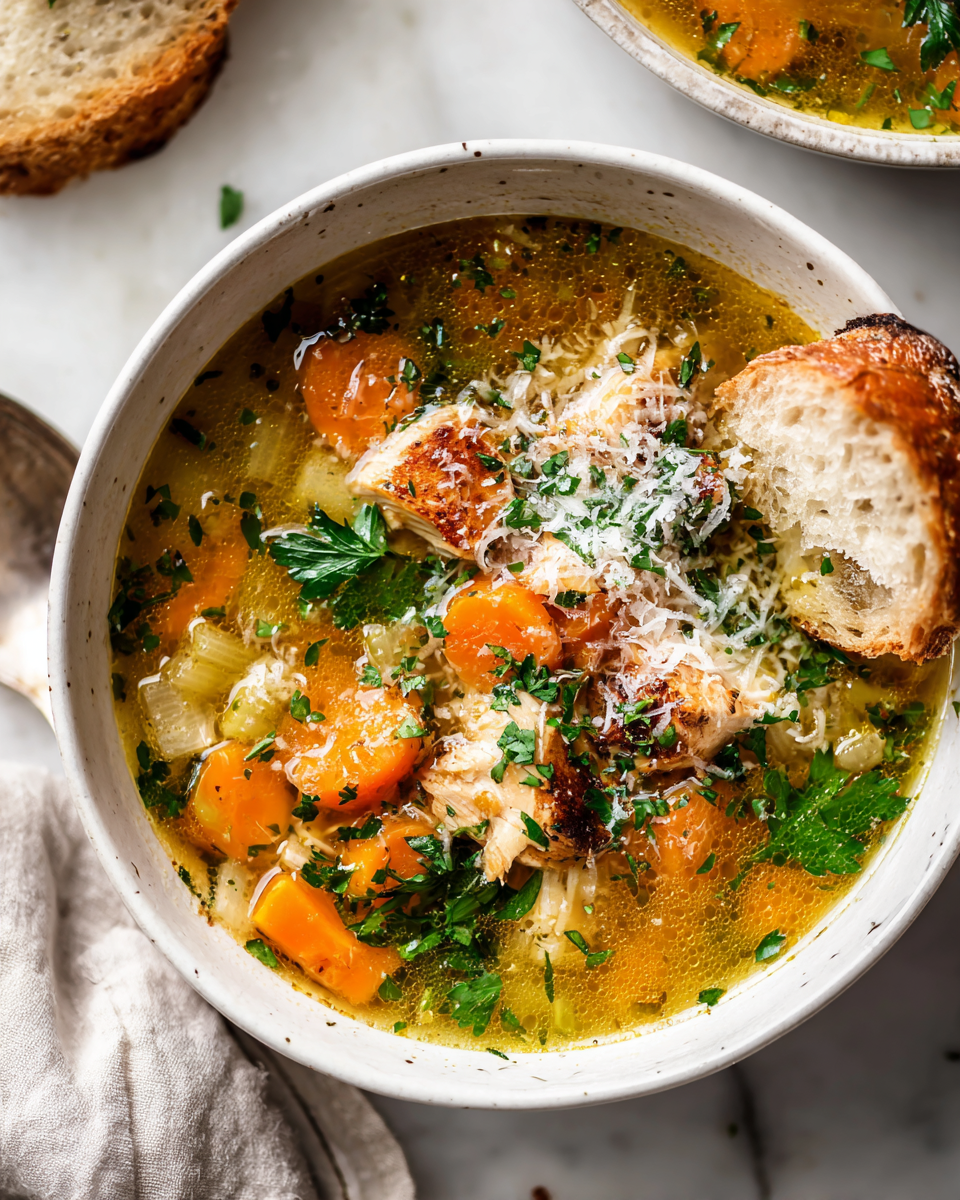 Bol de soupe italienne pénicilline réconfortante, garnie de persil et de parmesan, idéale pour l'automne.