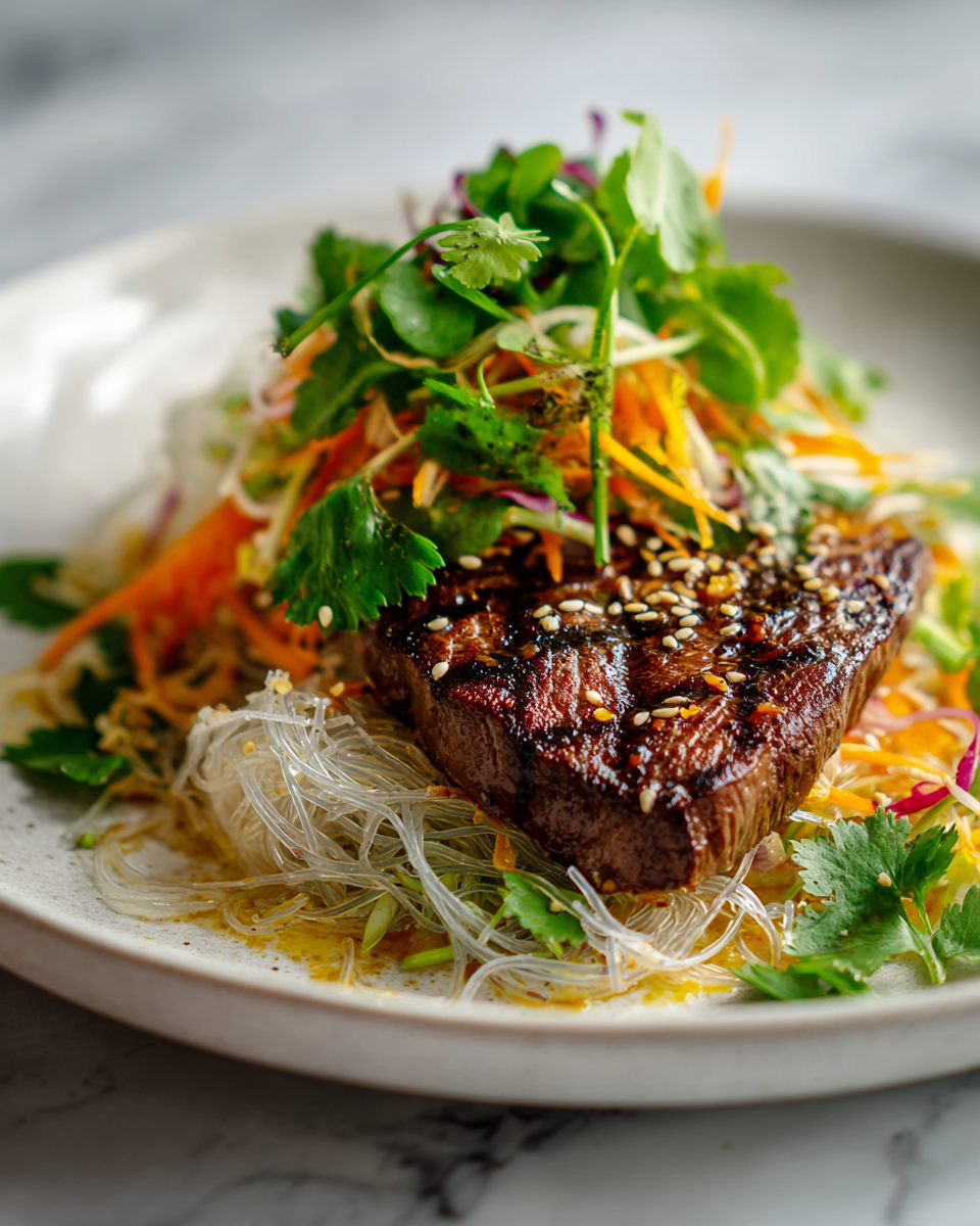 Steak mariné au miso avec salade de nouilles croquantes, un plat savoureux et réconfortant idéal pour l'automne.
