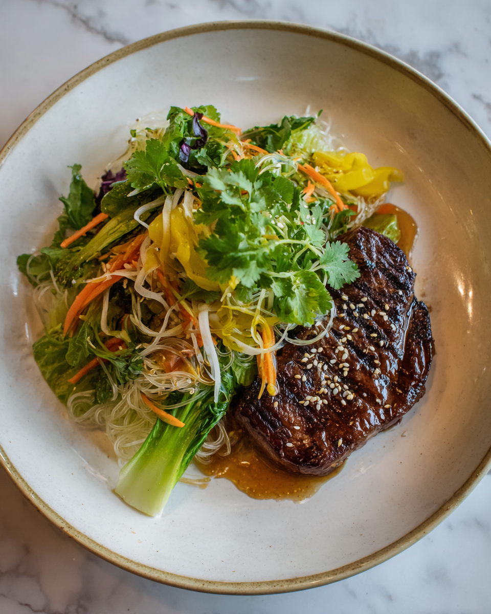 Steak mariné au miso avec salade de nouilles croquantes, un plat savoureux et réconfortant idéal pour l'automne.