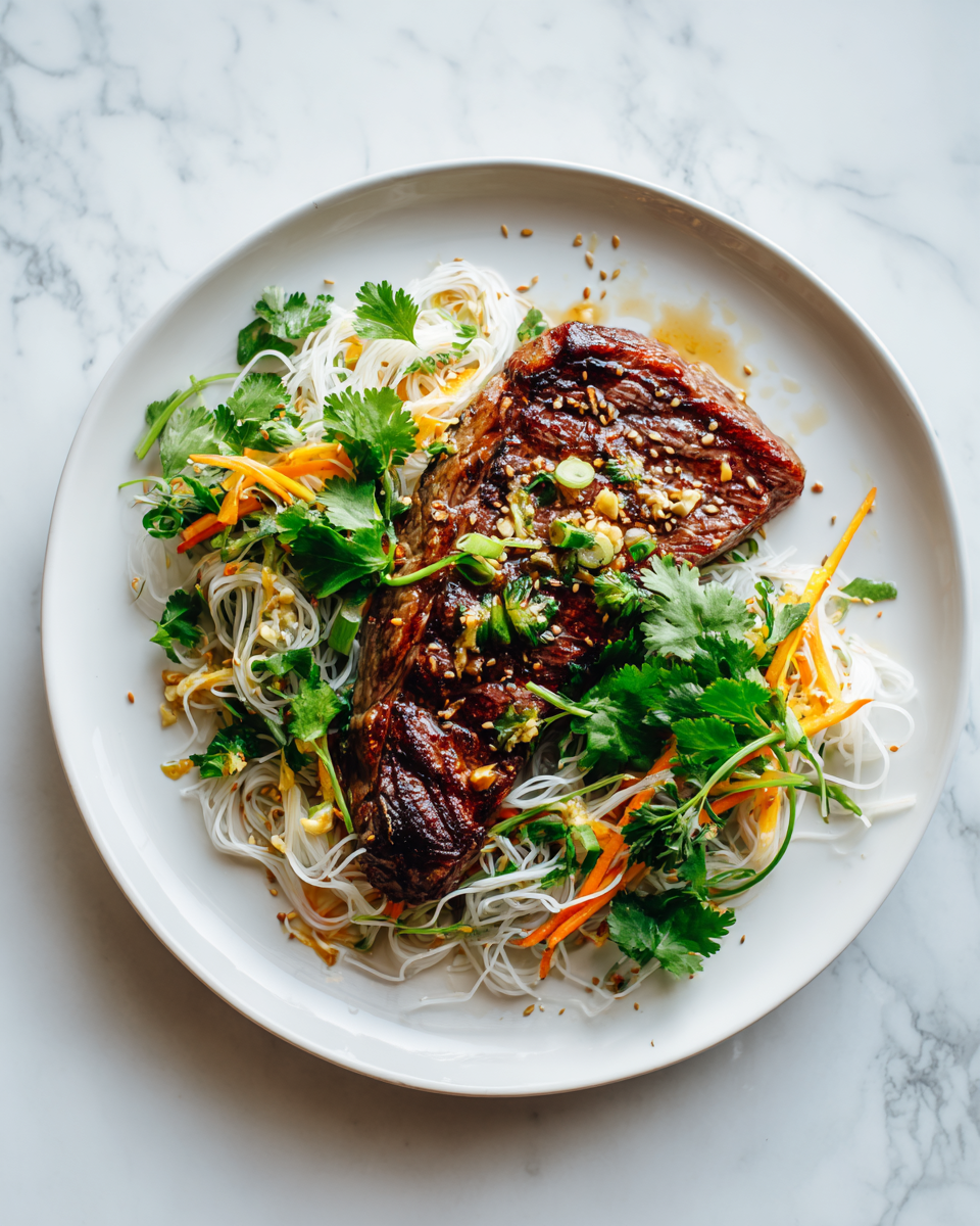 Steak mariné au miso avec salade de nouilles croquantes, un plat savoureux et réconfortant idéal pour l'automne.