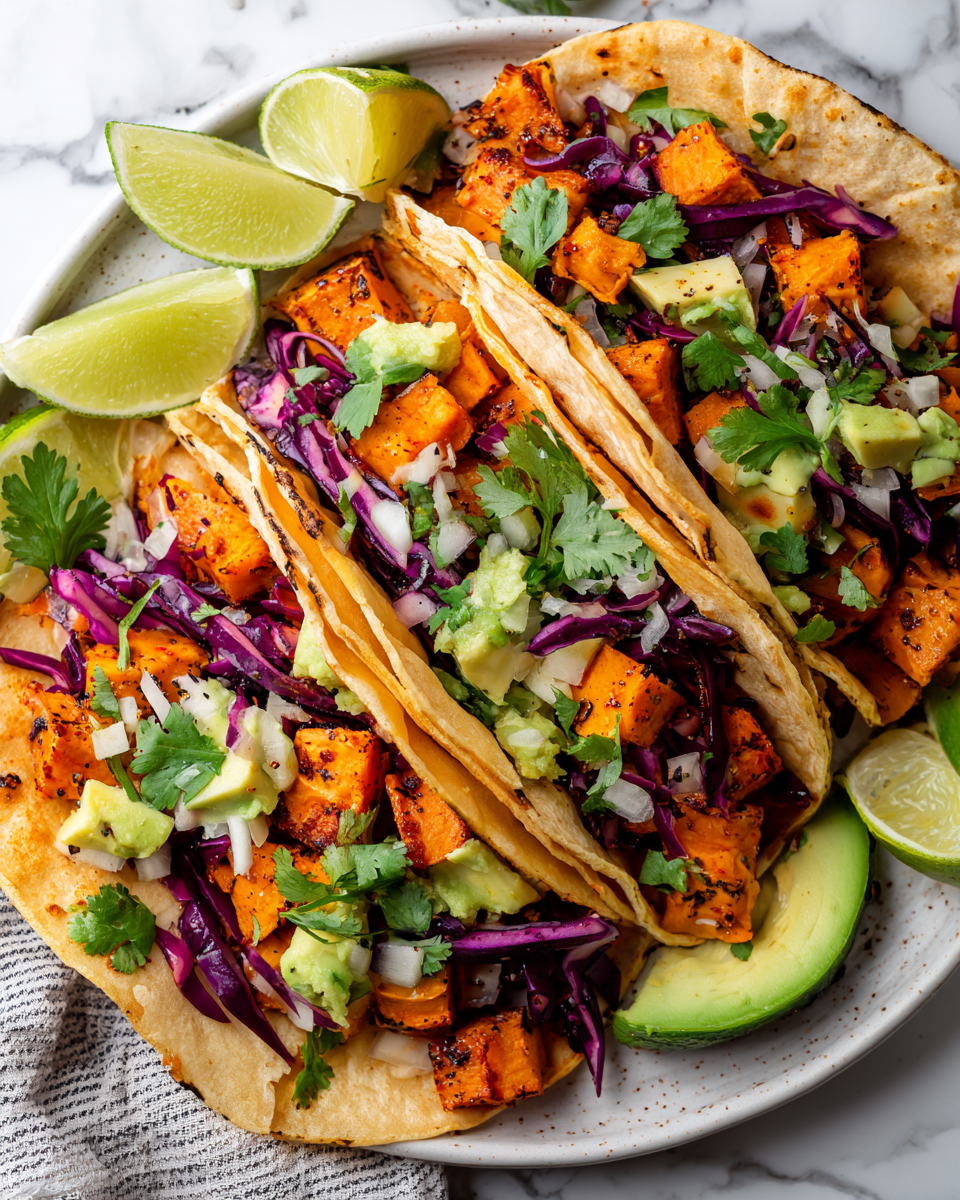 Tacos de patate douce colorés et savoureux, parfaits pour les soirées d'automne.