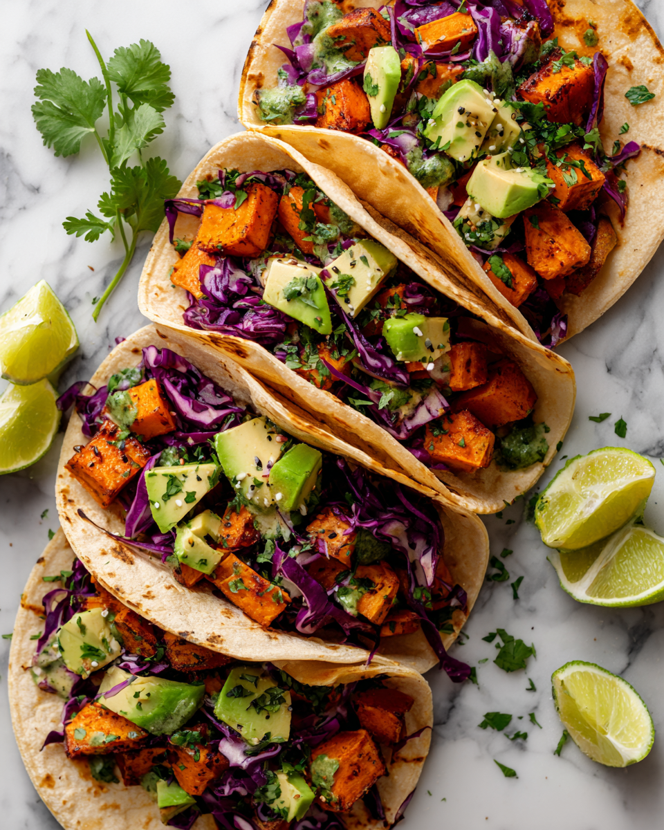 Tacos de patate douce colorés et savoureux, parfaits pour les soirées d'automne.