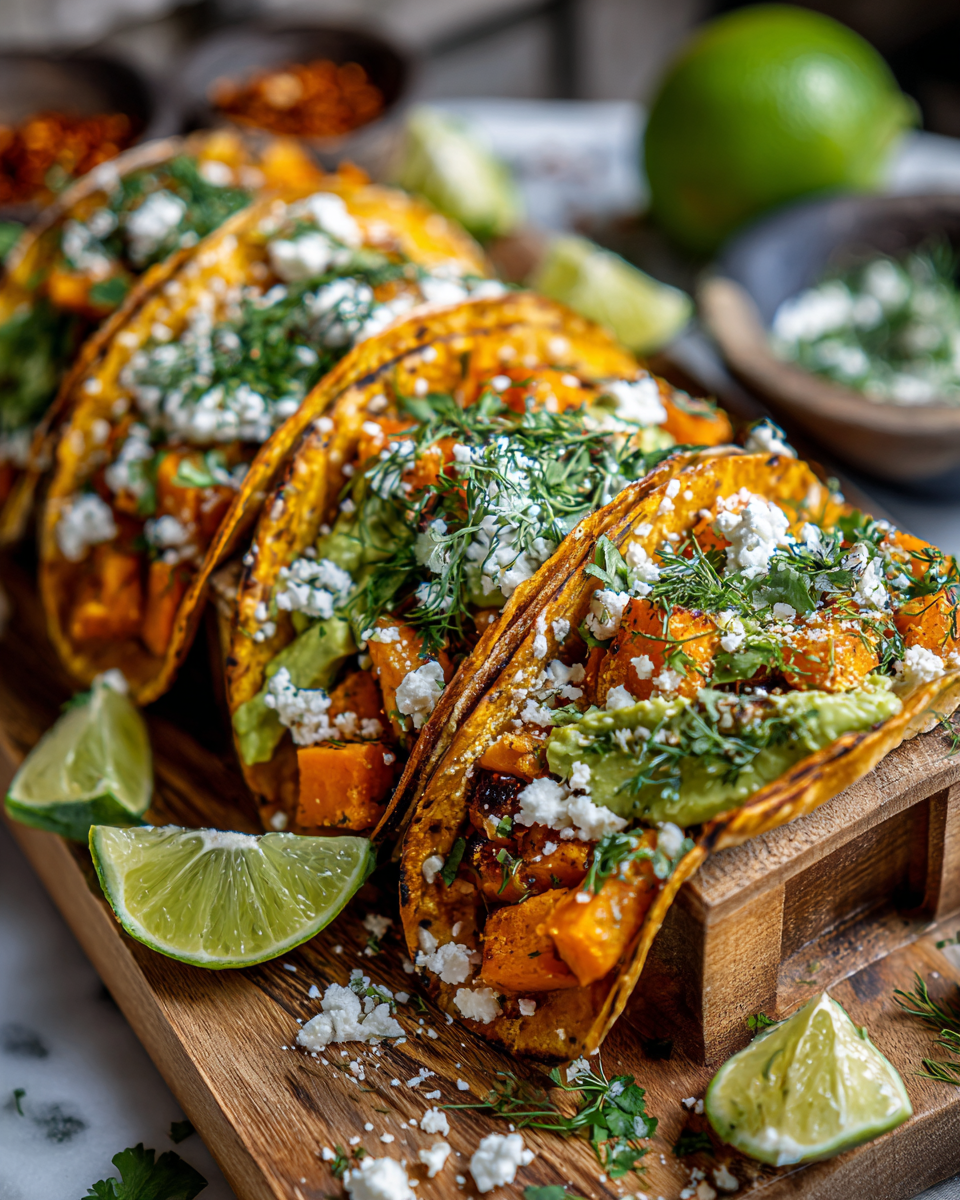 Tacos de patates douces rôties garnis d'avocat et de feta