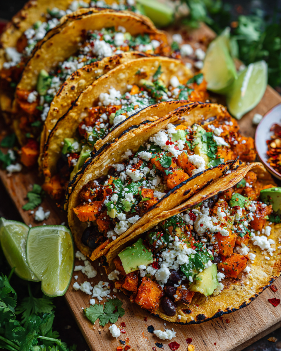 Tacos de patates douces rôties garnis d'avocat et de feta