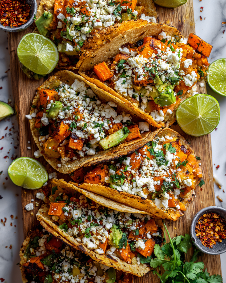 Tacos de patates douces rôties garnis d'avocat et de feta
