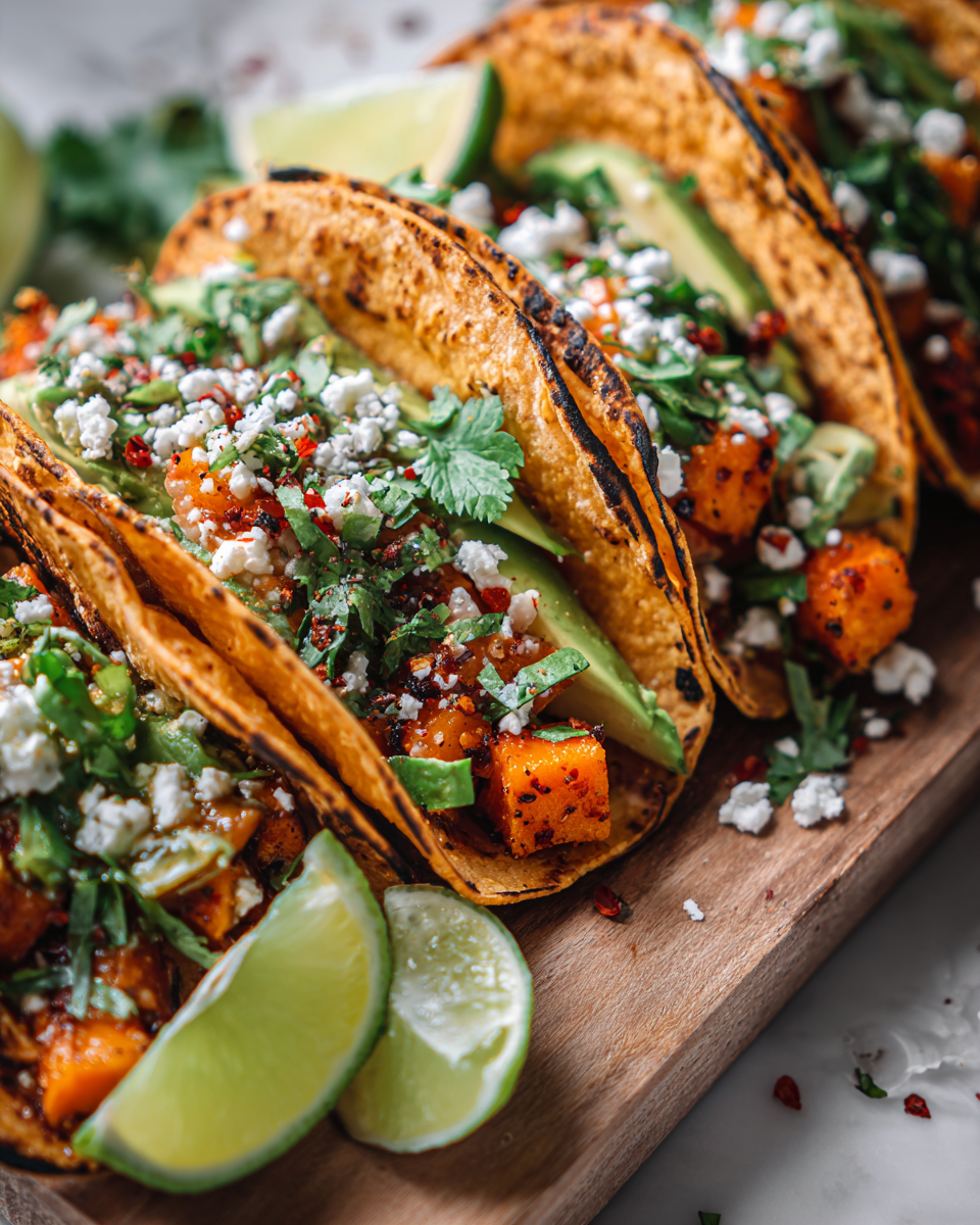 Tacos de patates douces rôties garnis d'avocat et de feta