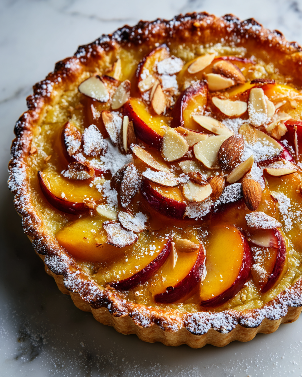 tarte feuilletée aux pêches et amandes, dessert d'été, recette facile