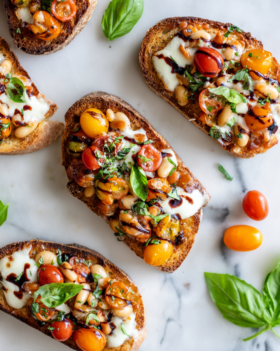 Toasts réconfortants aux Haricots à la Pizza Toasts aux Haricots à la Pizza, un plat réconfortant pour l'automne, garni de mozzarella fondu et de tomates vibrantes.