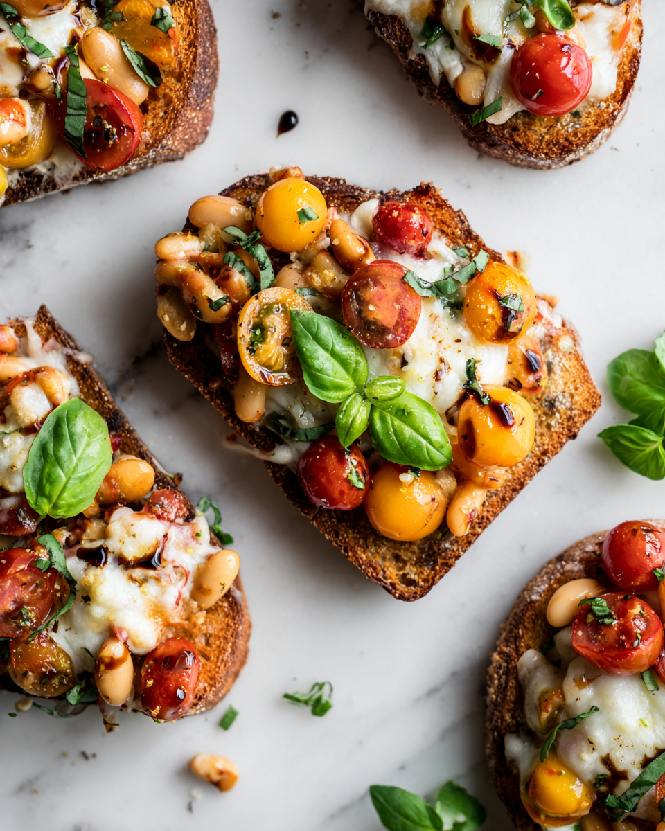 Toasts réconfortants aux Haricots à la Pizza Toasts aux Haricots à la Pizza, un plat réconfortant pour l'automne, garni de mozzarella fondu et de tomates vibrantes.