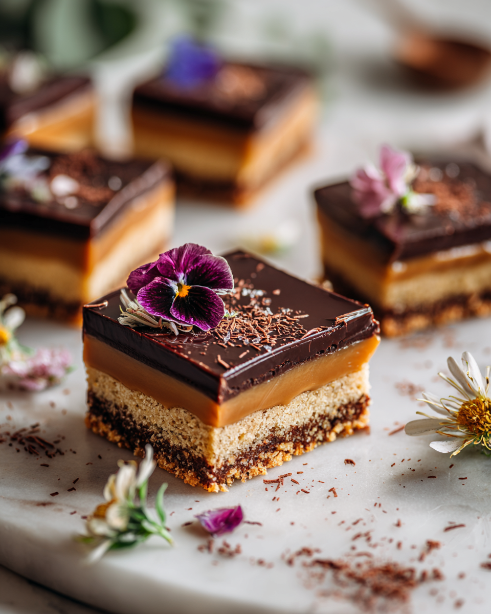 Carrés Millionnaires de Pâques avec croûte sablée, caramel et chocolat sur un plat élégant.