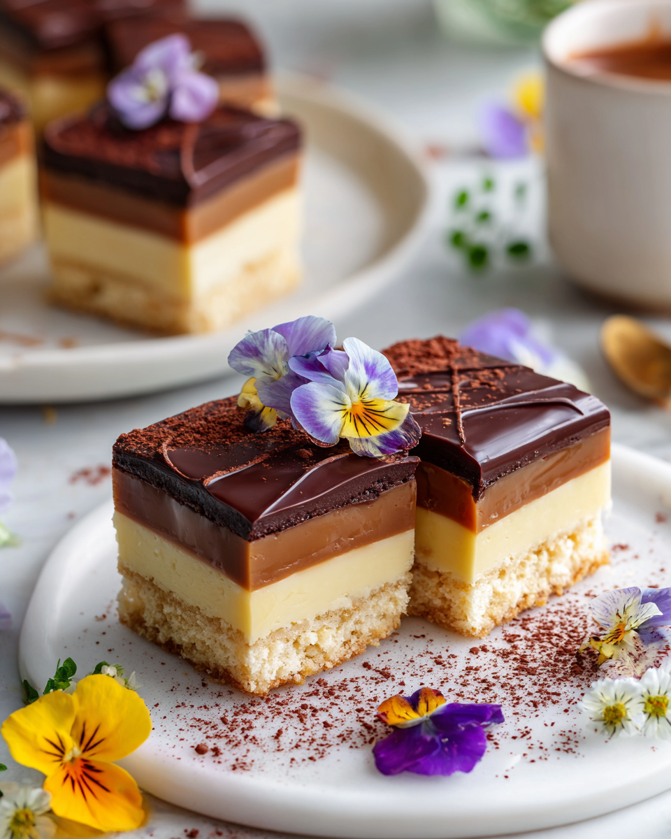 Carrés Millionnaires de Pâques avec croûte sablée, caramel et chocolat sur un plat élégant.