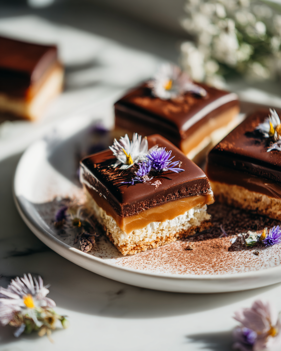 Carrés Millionnaires de Pâques avec croûte sablée, caramel et chocolat sur un plat élégant.