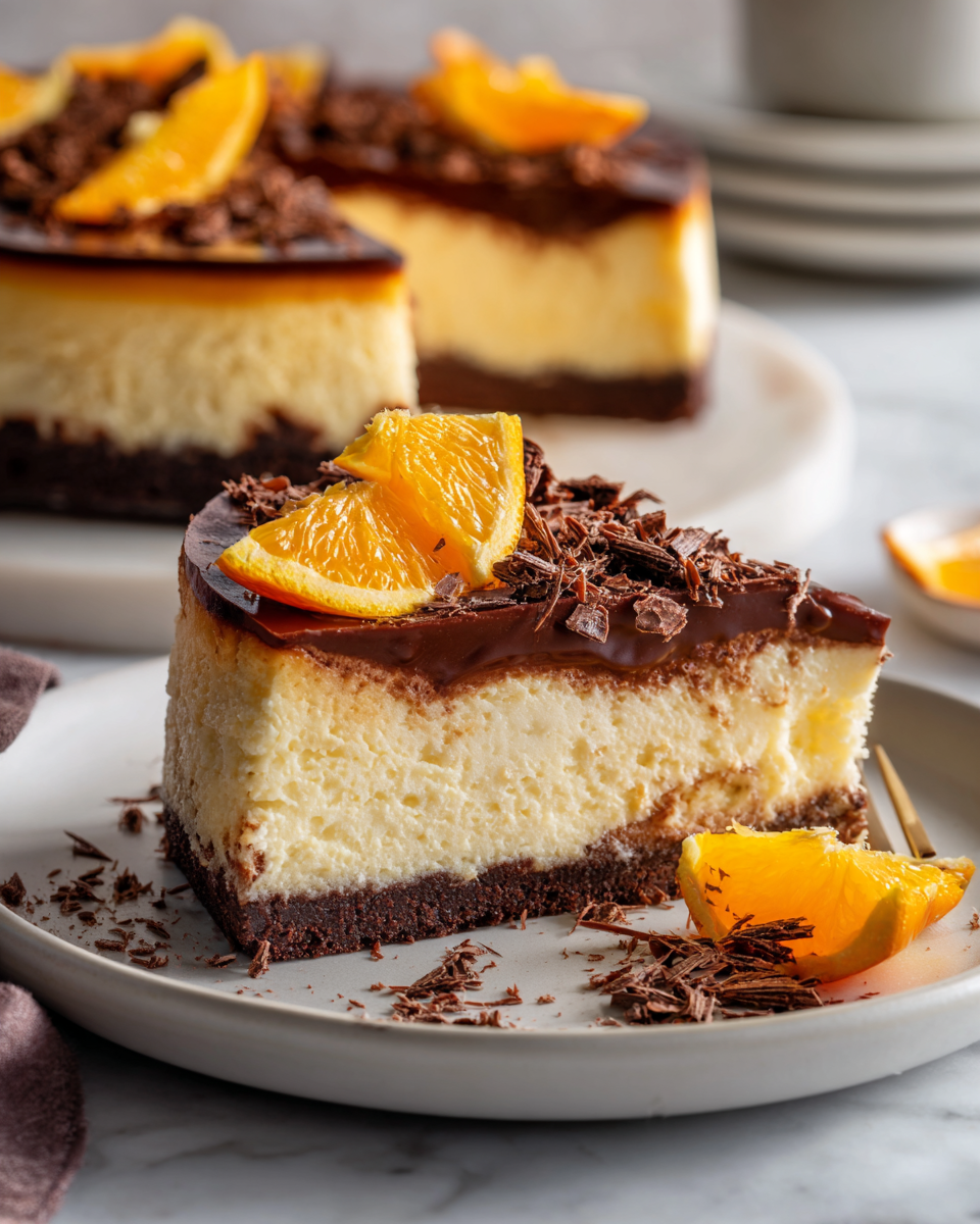 Cheesecake Baked au Chocolat et à l'Orange, dessert fondant avec harmonie de chocolat et d'agrumes, parfait pour les fêtes.
