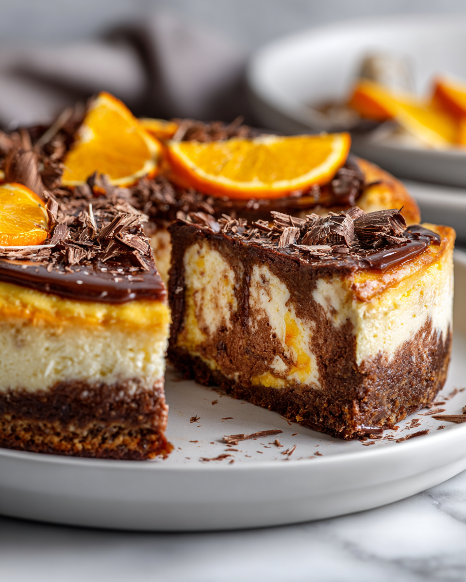 Cheesecake Baked au Chocolat et à l'Orange, dessert fondant avec harmonie de chocolat et d'agrumes, parfait pour les fêtes.