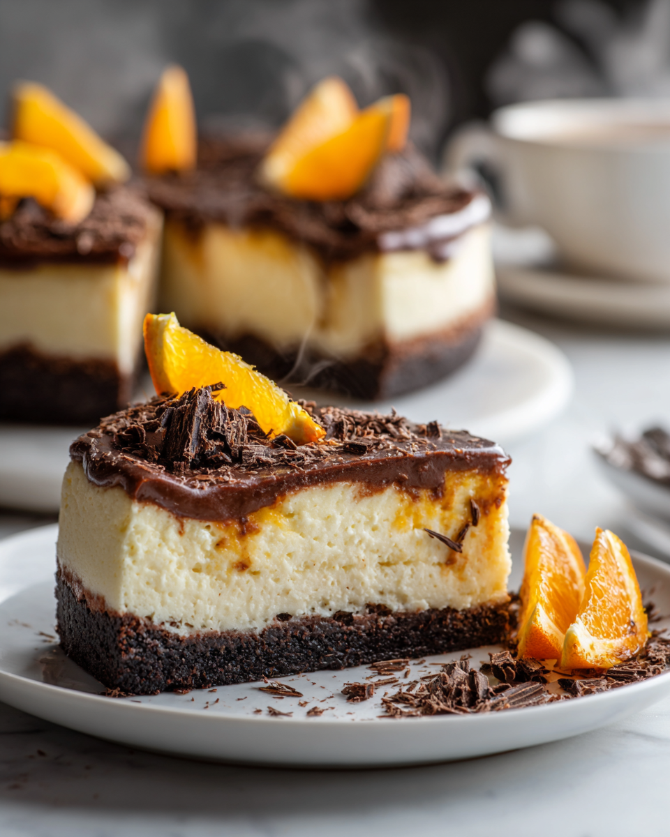 Cheesecake Baked au Chocolat et à l'Orange, dessert fondant avec harmonie de chocolat et d'agrumes, parfait pour les fêtes.