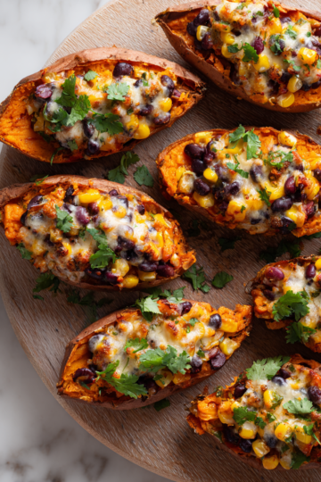 Patates douces farcies : un régal d'automne Patates douces farcies savoureuses et réconfortantes, parfaites pour l'automne, avec des haricots noirs et du fromage.