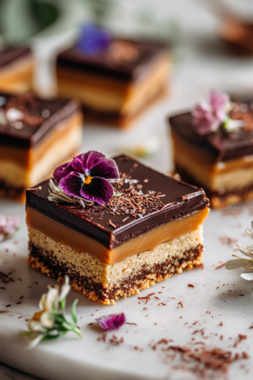 Savourez des Carrés Millionnaires de Pâques Carrés Millionnaires de Pâques avec croûte sablée, caramel et chocolat sur un plat élégant.