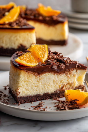Découvrez la Cheesecake au Chocolat et à l'Orange Cheesecake Baked au Chocolat et à l'Orange, dessert fondant avec harmonie de chocolat et d'agrumes, parfait pour les fêtes.