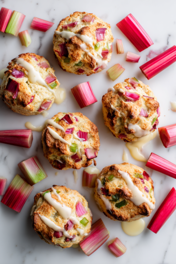 Savourez des Scones à la Rhubarbe et Crème Pâtissière Scones moelleux à la rhubarbe accompagnés de crème pâtissière, parfaits pour célébrer le printemps.