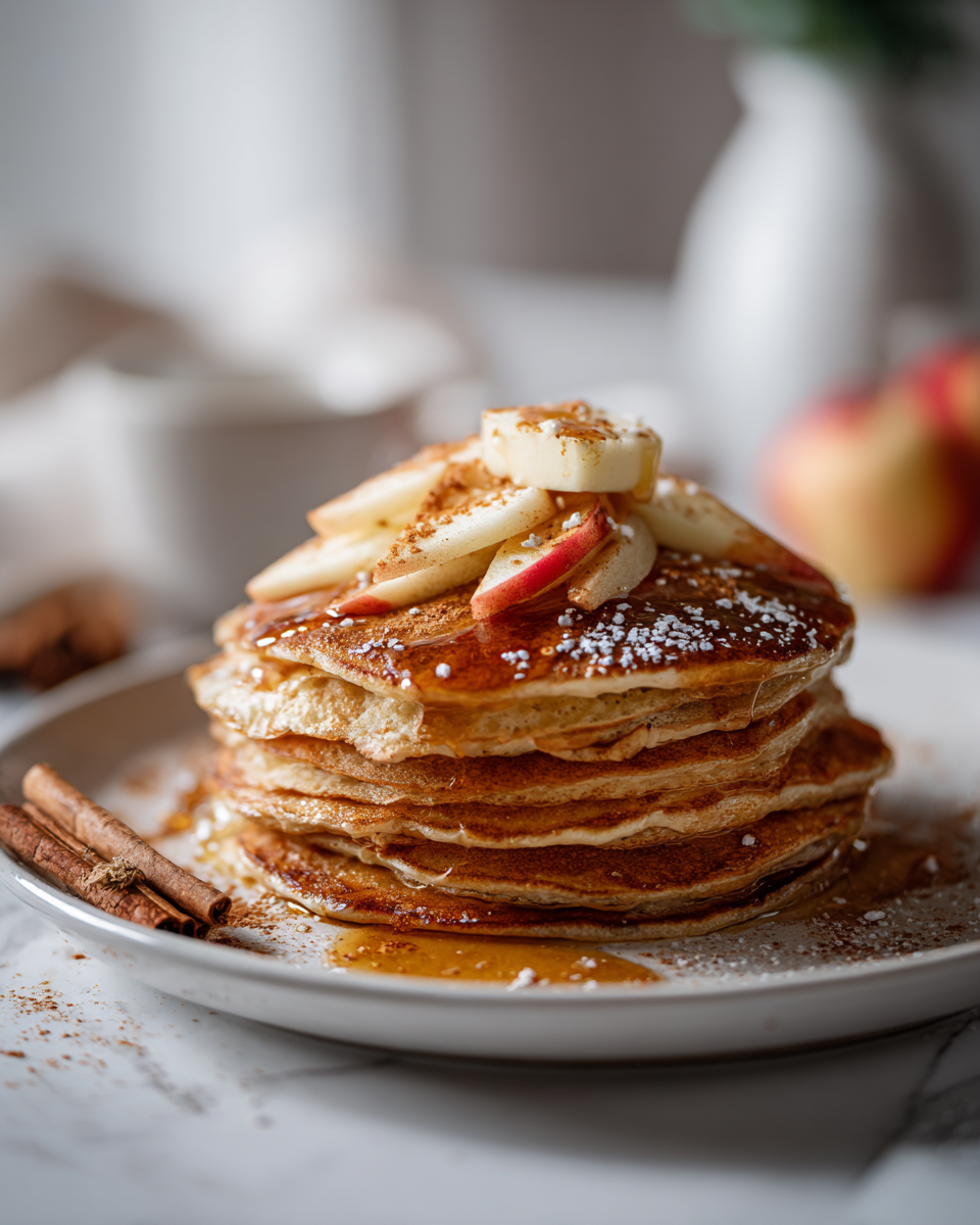Pancakes moelleux d'automne sur une assiette avec des fruits et du sirop d'érable