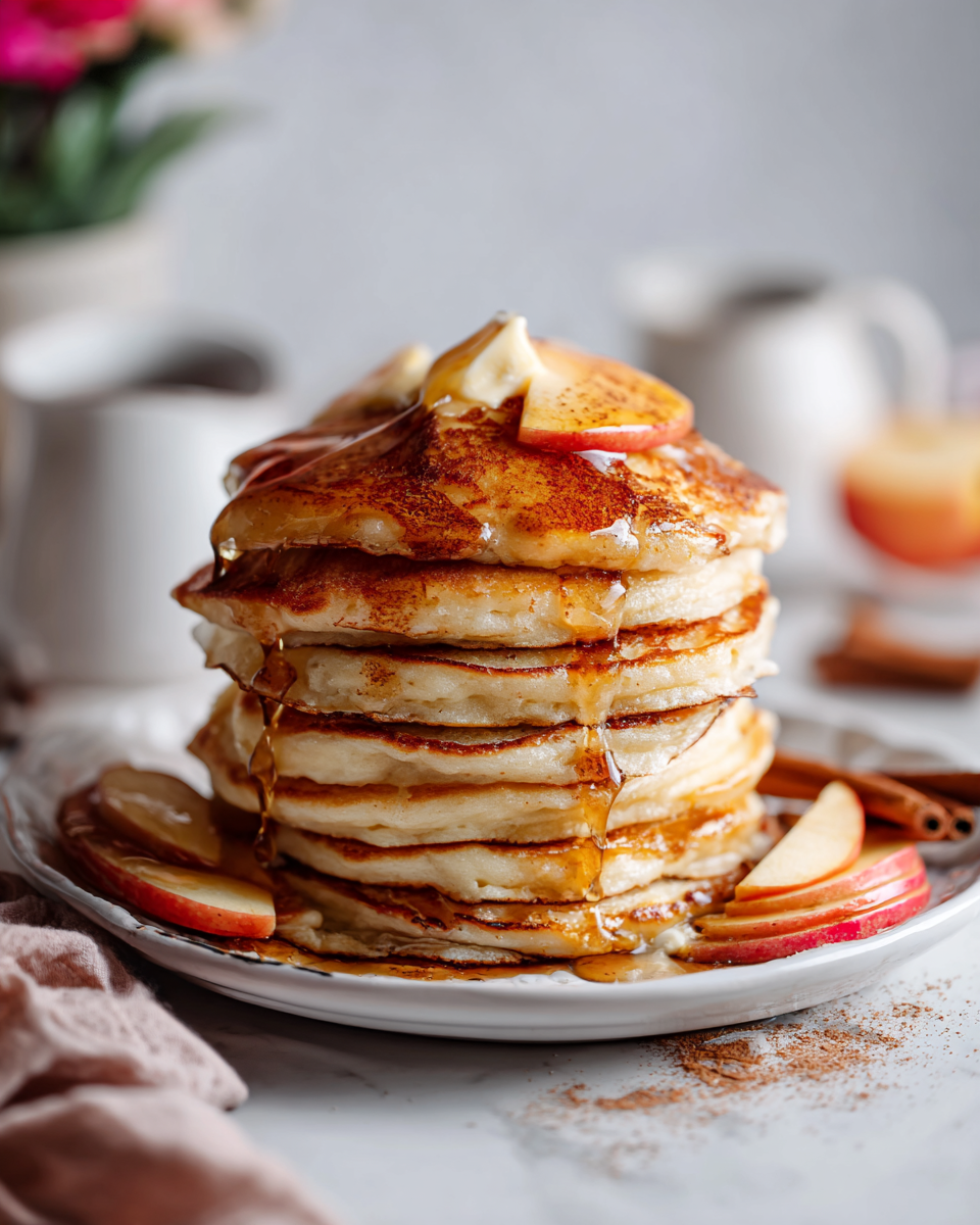 Pancakes moelleux d'automne sur une assiette avec des fruits et du sirop d'érable