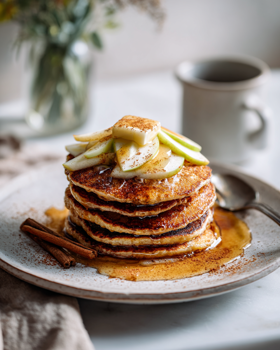 Pancakes moelleux d'automne sur une assiette avec des fruits et du sirop d'érable