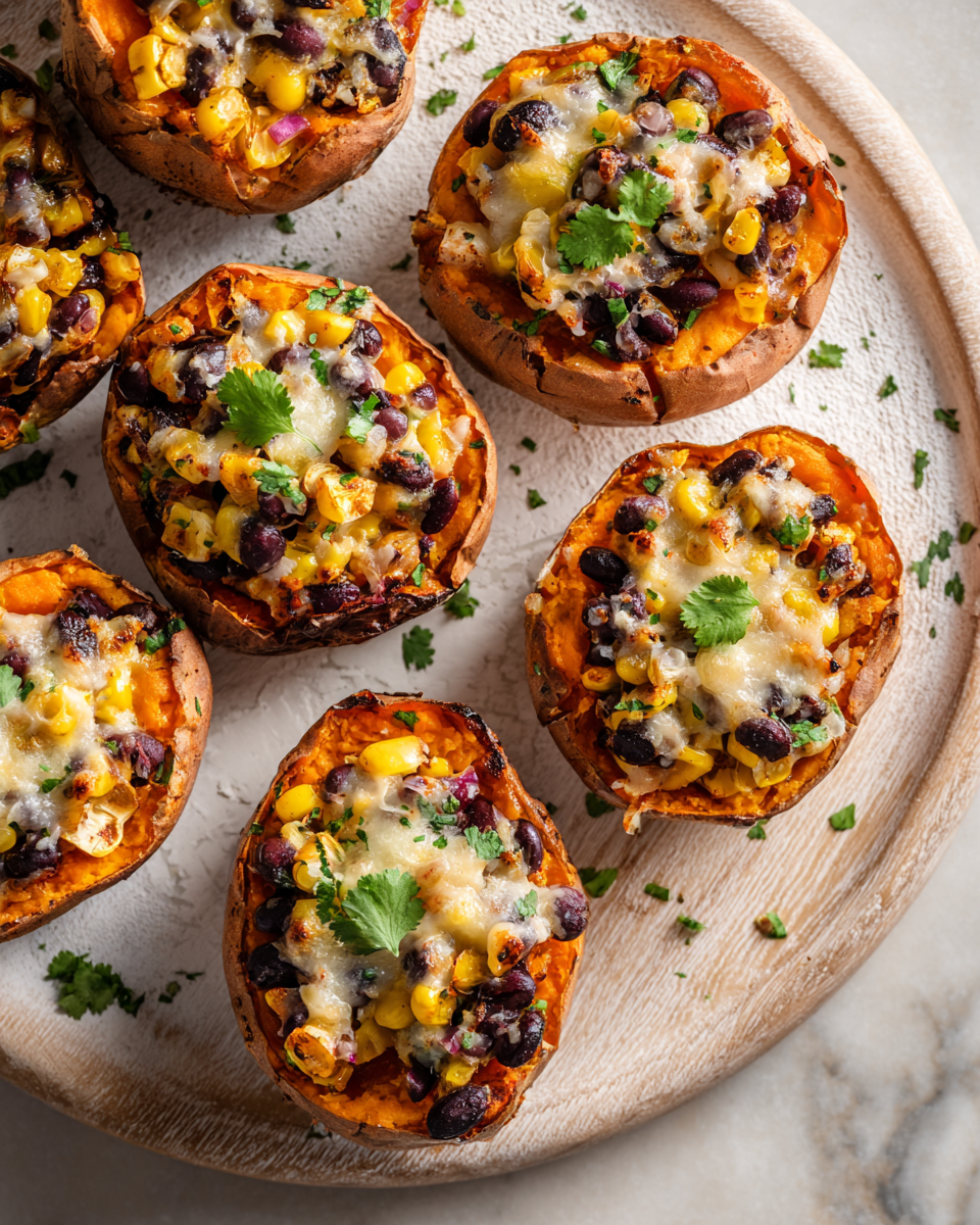 Patates douces farcies savoureuses et réconfortantes, parfaites pour l'automne, avec des haricots noirs et du fromage.