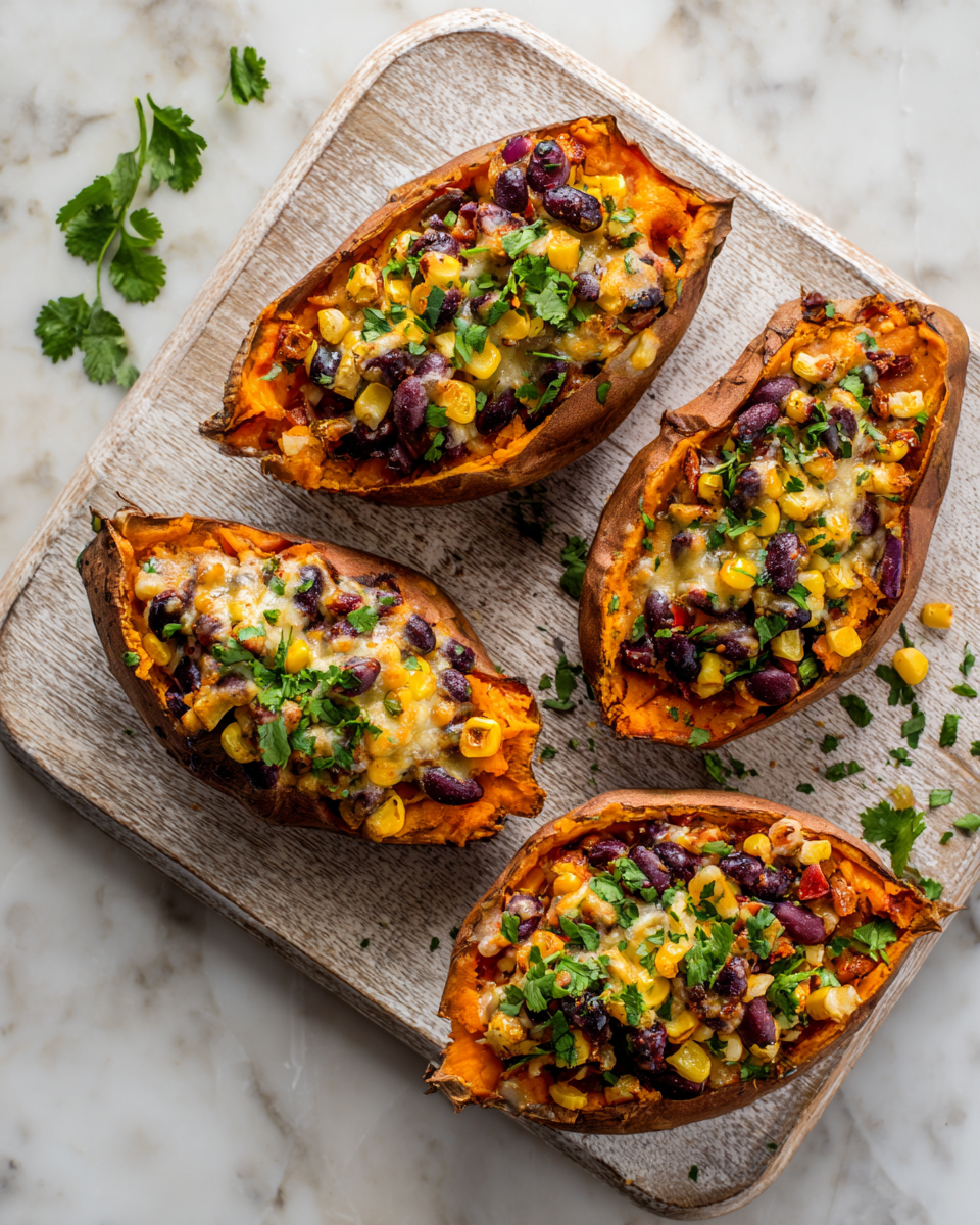 Patates douces farcies savoureuses et réconfortantes, parfaites pour l'automne, avec des haricots noirs et du fromage.