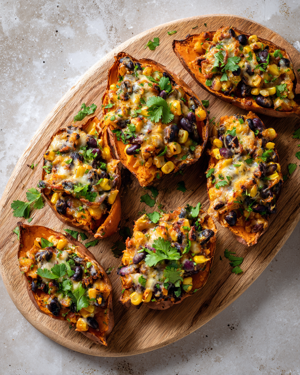 Patates douces farcies savoureuses et réconfortantes, parfaites pour l'automne, avec des haricots noirs et du fromage.