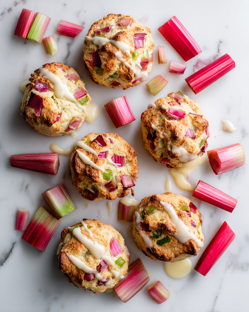 Scones moelleux à la rhubarbe accompagnés de crème pâtissière, parfaits pour célébrer le printemps.