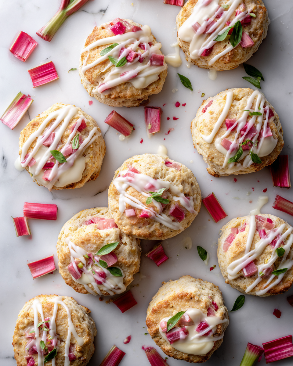 Savourez des Scones à la Rhubarbe et Crème Pâtissière Scones moelleux à la rhubarbe accompagnés de crème pâtissière, parfaits pour célébrer le printemps.