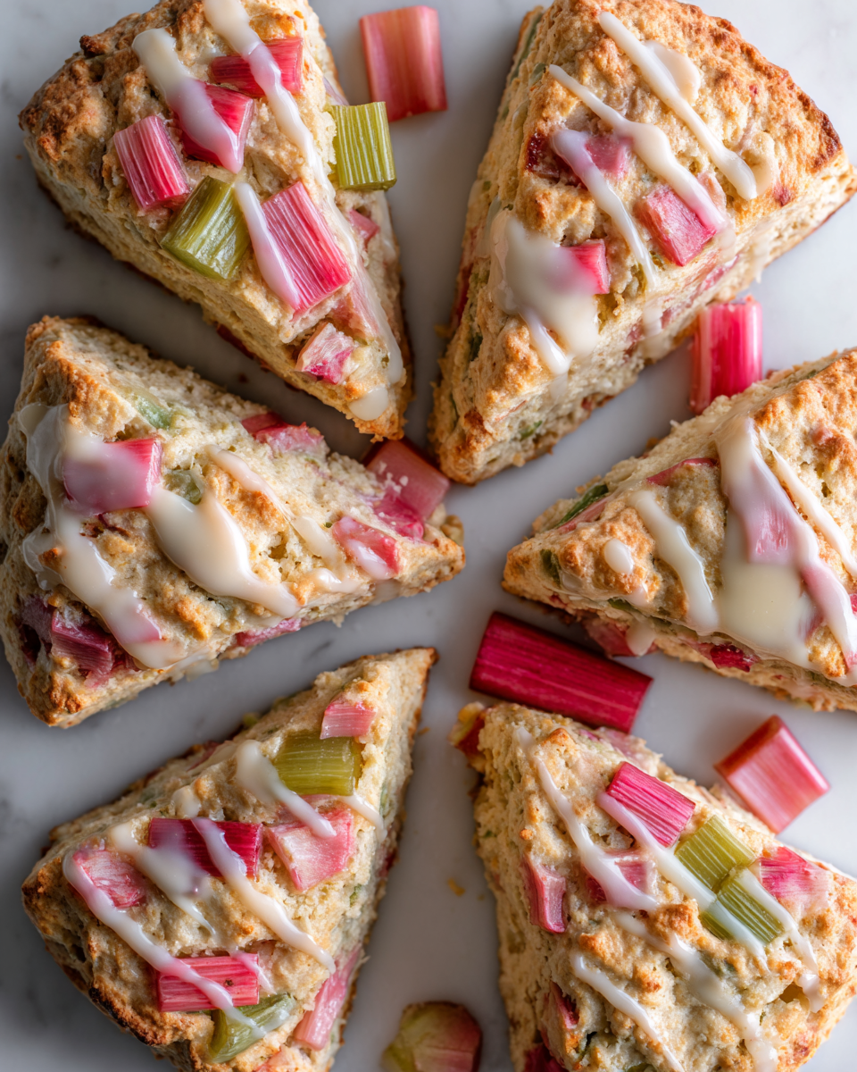 Savourez des Scones à la Rhubarbe et Crème Pâtissière Scones moelleux à la rhubarbe accompagnés de crème pâtissière, parfaits pour célébrer le printemps.
