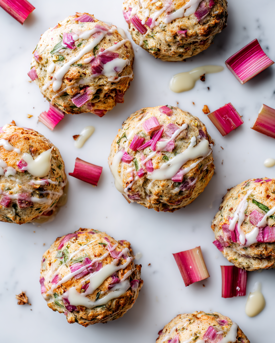 Savourez des Scones à la Rhubarbe et Crème Pâtissière Scones moelleux à la rhubarbe accompagnés de crème pâtissière, parfaits pour célébrer le printemps.